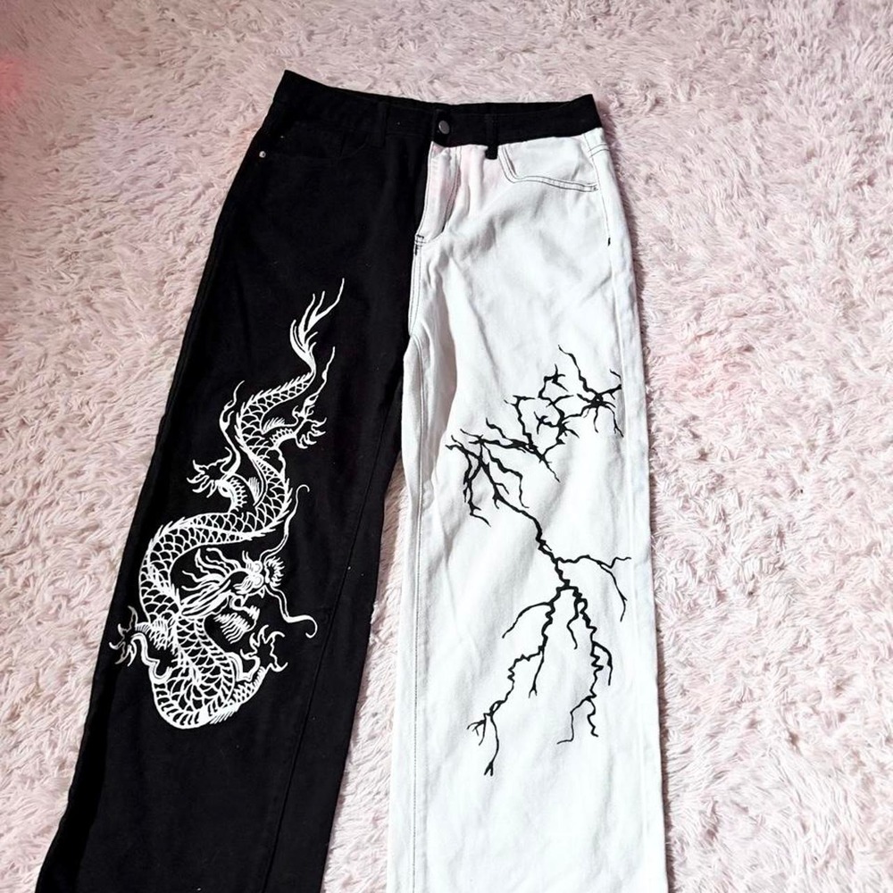 B&W Split Wide Leg Dragon Streetwear Edgy Harajuku Statement Jeans Womens L Dark